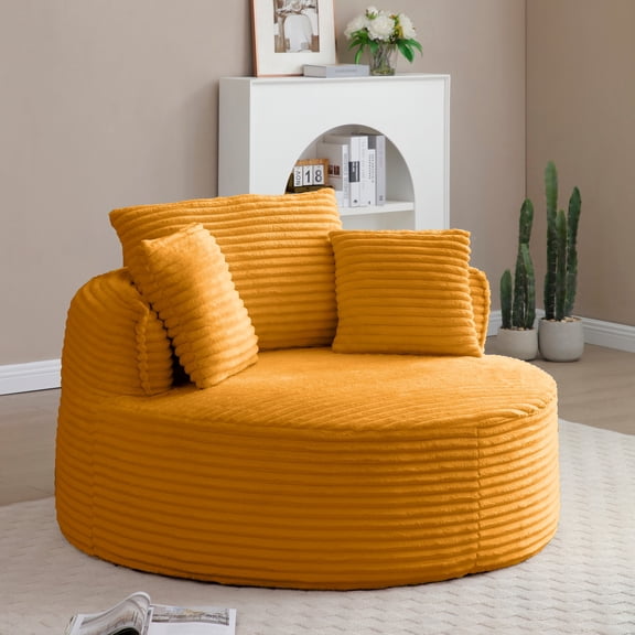 CKEASEAN 53.5" Corduroy Modern Round Chaise Longue Chair Indoor, Comfy Deep Seat Single Lounge Floor Sofa Chair with Pillow, No Assembly Required, Upholstered Cloud Couch for Living Room/Office