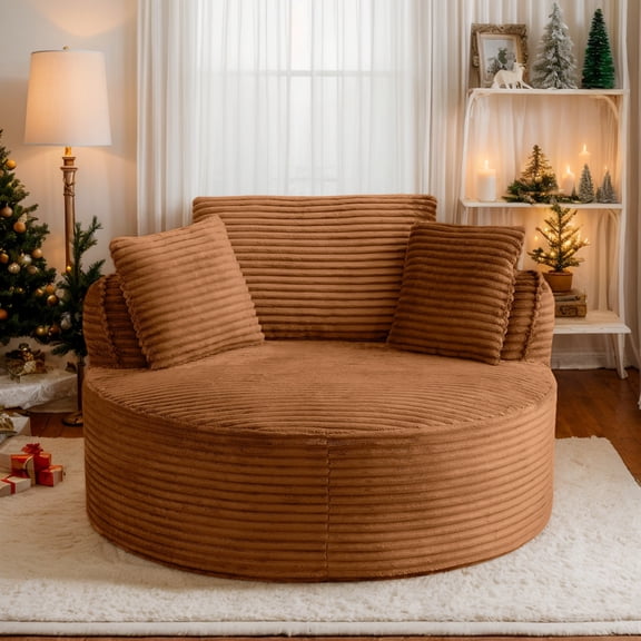 CKEASEAN 53.5" Corduroy Oversized Round Chaise Longue Chair Indoor, Upholstered Cloud Couch with Throw Pillow, Deep Seat Single Lounge Floor Sofa Chair for Living Room/Office, No Assembly Required
