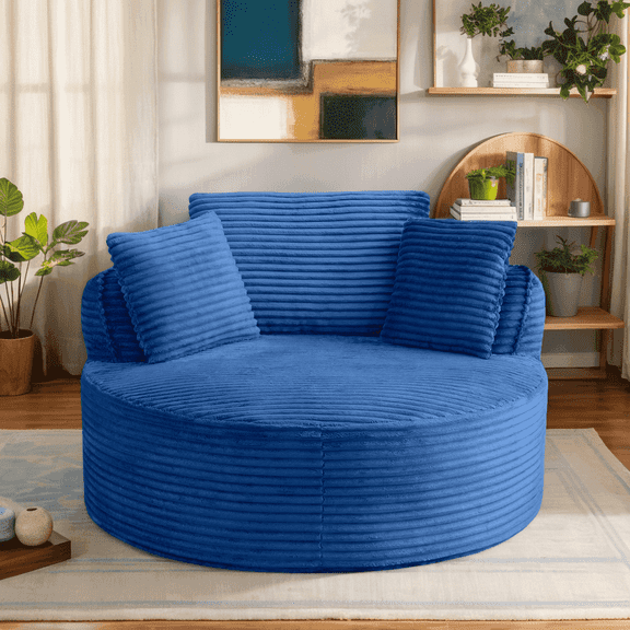 CKEASEAN 53.5" Corduroy Modern Round Chaise Longue Chair Indoor, Comfy Deep Seat Single Lounge Floor Sofa Chair with Pillow, No Assembly Required, Upholstered Cloud Couch for Living Room/Office