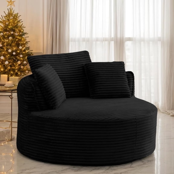 CKEASEAN 53.5" Corduroy Modern Round Chaise Longue Chair Indoor, Comfy Deep Seat Single Lounge Floor Sofa Chair with Pillow, No Assembly Required, Upholstered Cloud Couch for Living Room/Office