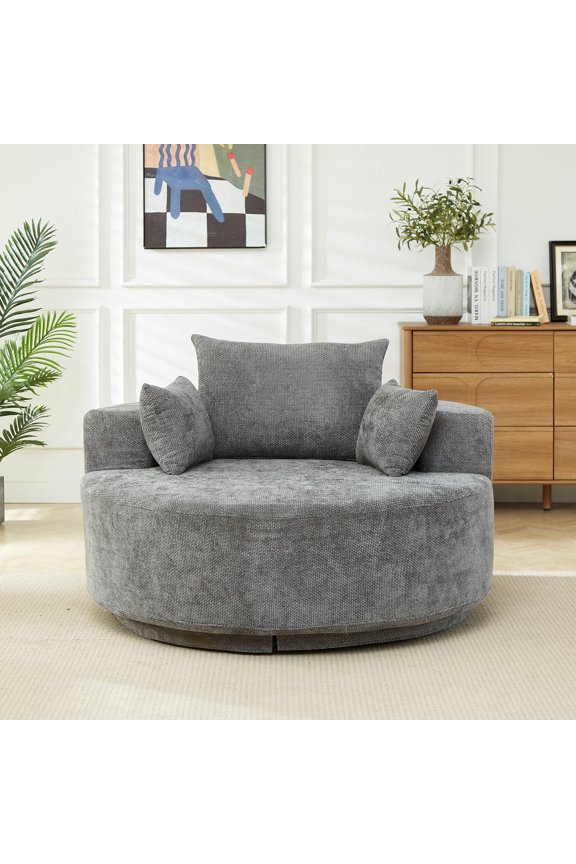 CKEASEAN 55" Chenille Oversized 360 Degree Swivel Chair, Modern Round Chaise Lounge Chair with Back Cushion & Throw Pillows, Upholstered Accent Chair with Deep Seat for Living Room/Bedroom/Apartment