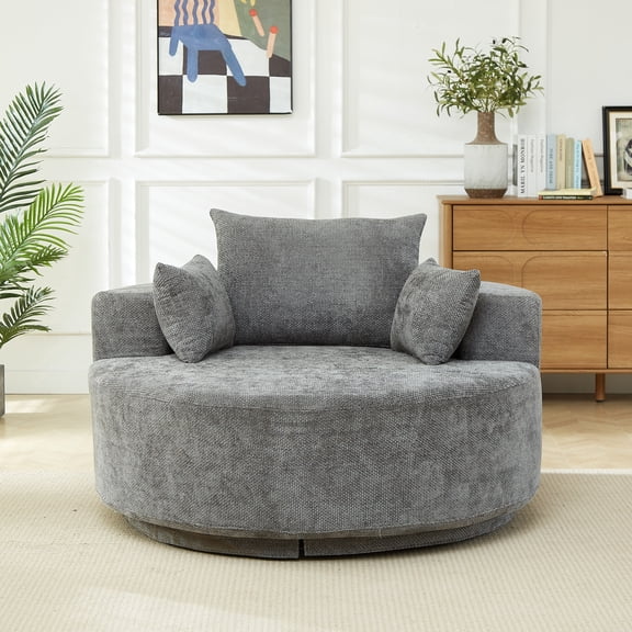 CKEASEAN 55" Chenille Oversized 360 Degree Swivel Chair, Modern Round Chaise Lounge Chair with Back Cushion & Throw Pillows, Upholstered Accent Chair with Deep Seat for Living Room/Bedroom/Apartment