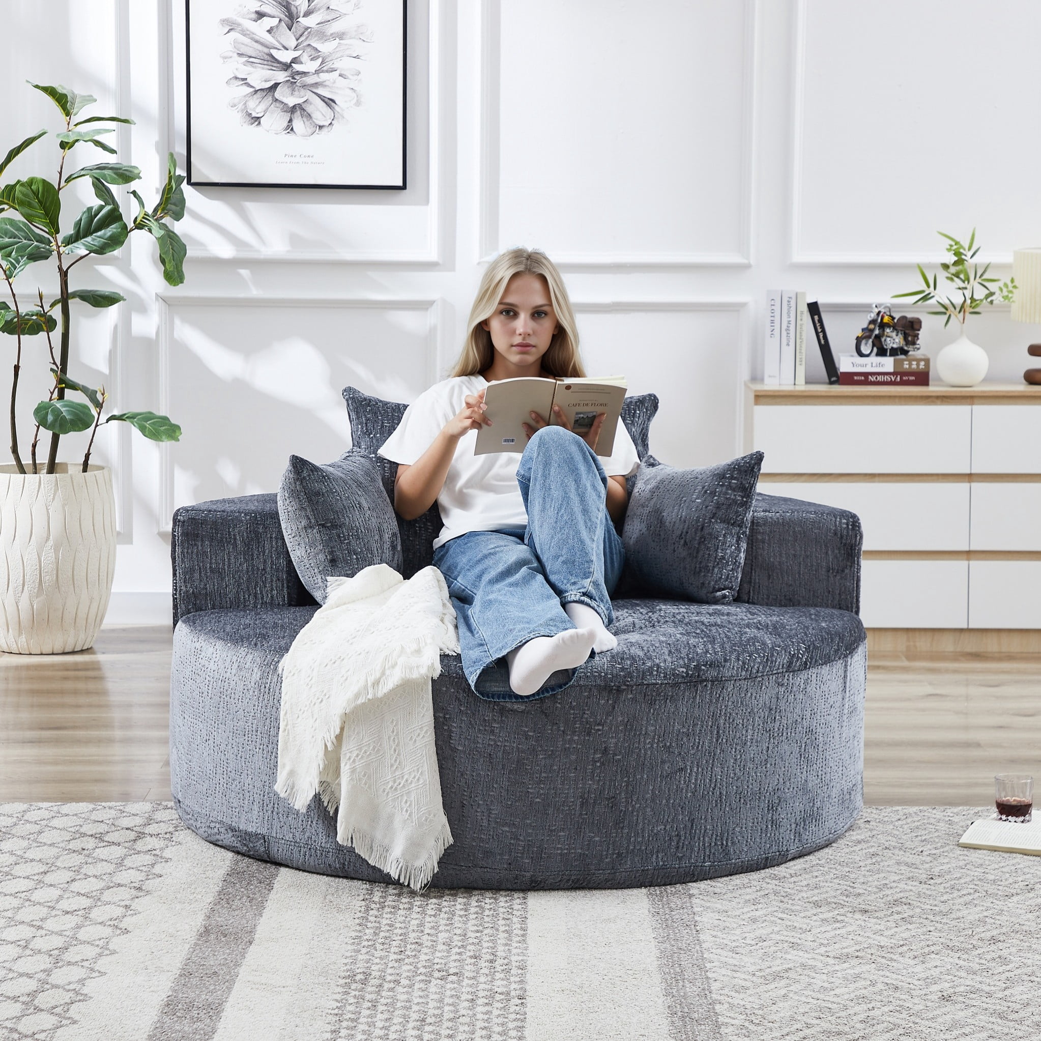 CKEASEAN 55'' Oversized Chenille Round Chair Lounge Chaise Indoor ...