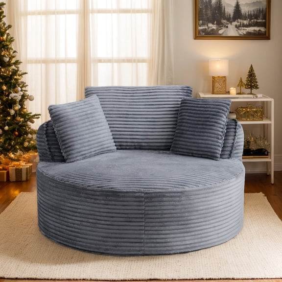 CKEASEAN 53.5" Corduroy Modern Round Chaise Longue Chair Indoor, Comfy Deep Seat Single Lounge Floor Sofa Chair with Pillow, No Assembly Required, Upholstered Cloud Couch for Living Room/Office