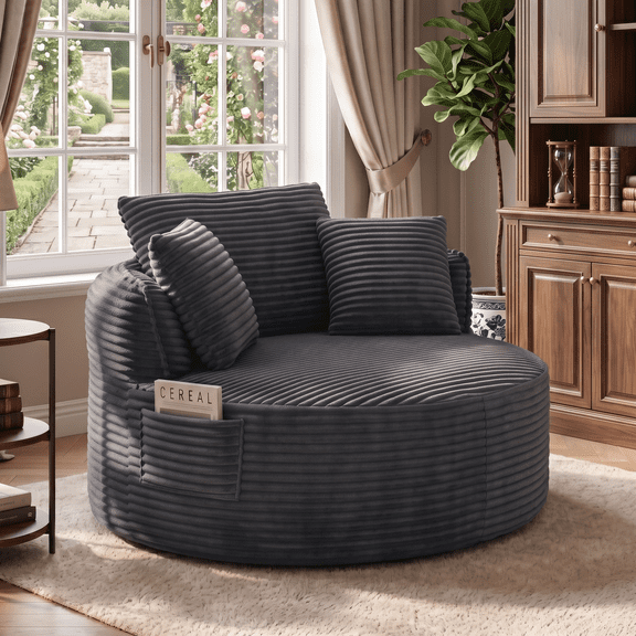 CKEASEAN 53.5" Corduroy Modern Round Chaise Longue Chair Indoor, Comfy Deep Seat Single Lounge Floor Sofa Chair with Pillow, No Assembly Required, Upholstered Cloud Couch for Living Room/Office