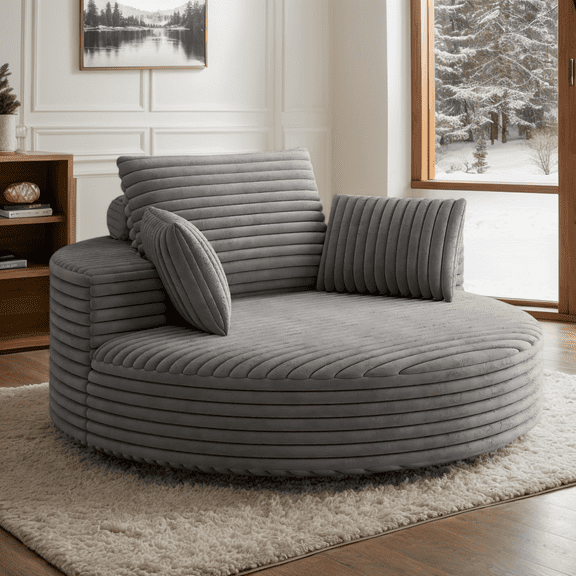 CKEASEAN 55" W Corduroy Oversized Round Swivel Accent Barrel Chair, 360° Upholstered Chaise Lounge Chair Indoor with Pillow, Comfy Deep Seat Single Sofa Armchair for Living Room, Apartment