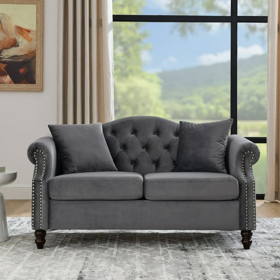 CKEASEAN 57" Velvet Chesterfield Loveseat Sofa, 2-Seater Tufted Couch with Rolled Arms & Nailhead Trim, Deep Seat Sofa with Removable Cushion, Upholstered Cloud Couch for Living Room, Apartment