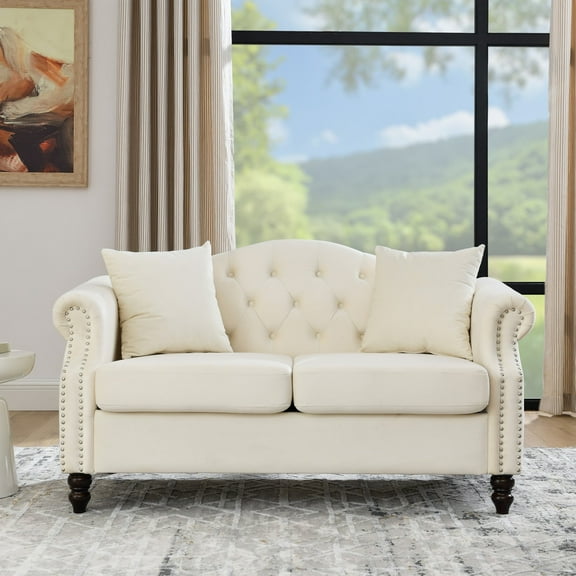CKEASEAN 57" Velvet Chesterfield Loveseat Sofa, 2-Seater Tufted Couch with Rolled Arms & Nailhead Trim, Deep Seat Sofa with Removable Cushion, Upholstered Cloud Couch for Living Room, Apartment