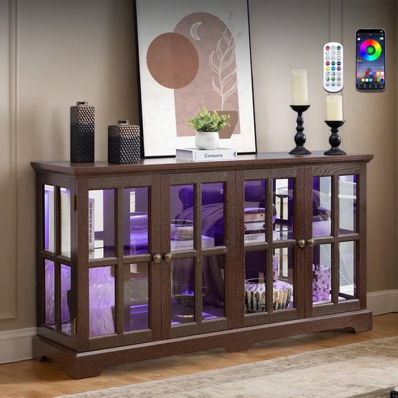 CKEASEAN 59"W LED Curio Cabinet with 7 Color Lights, Vintage  Glass Display Case with 4 Doors and Adjustable Shelves, Smartphone-Controlled, Wooden China Cabinet with for Living Room, Collectibles