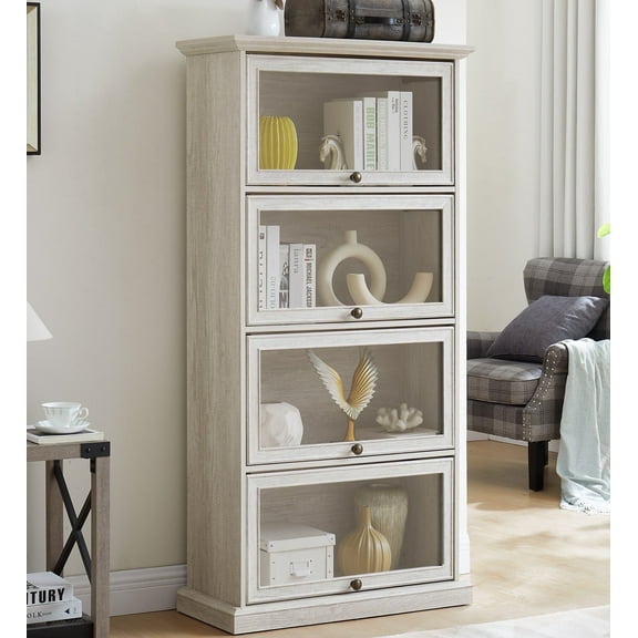 CKEASEAN 63" Glass Storage Cabinet Curio Cabinet with 4-Tier Flip up Tempered Glass Doors, Tall Bookcase Collectors, Glass Display Cabinet Rack for Living Room