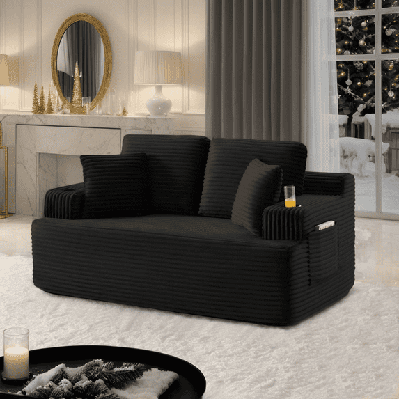 CKEASEAN 66.5'' Boneless Loveseat Sofa Couch with Cup Holders & Side Pockets, Modern Corduroy Upholstered 2-seat Couch with Throw Pillow, No Assembly Required, Cloud Floor Couches for Small Spaces