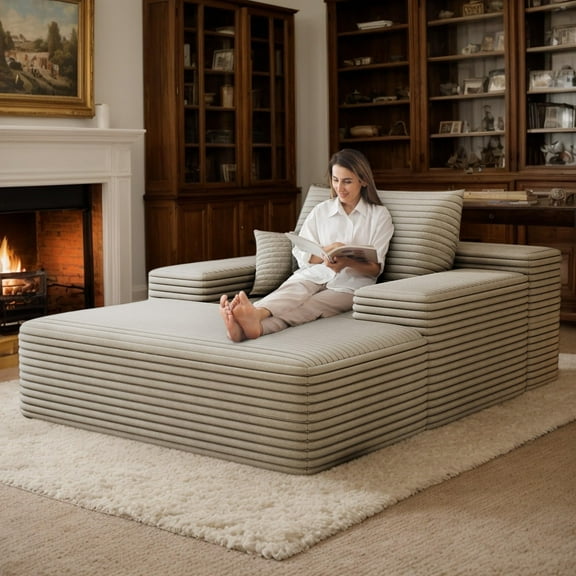 CKEASEAN 68'' Oversized Corduroy Chaise Lounge Chair Indoor, Comfy Boneless Couch with Plush Corduroy Fabric & Pillows, No Assembly Required, Sleeper Sofa Bed for Living Room, Reading