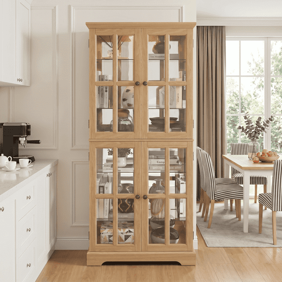 CKEASEAN 69"H Glass Curio Display Cabinet, Classic Storage Cabinet with 4 Glass Doors & Adjustable Shelves, Light Bulb Included, Vintage Accent Cabinet with E26 Bulb Included for Living Room/Office