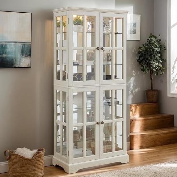 CKEASEAN 69"H Lighted Curio Cabinet with 4 Glass Doors, Adjustable Shelves & Light Bulb, Vintage Showcase for Home or Office