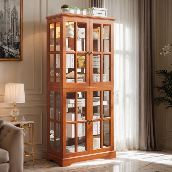 CKEASEAN 69"H Lighted Curio Display Cabinet, Glass Display Cabinet with 4 Glass Doors and Adjustable Shelves for Collectibles, Light Bulb Included, Vintage Showcase for Home Office Display