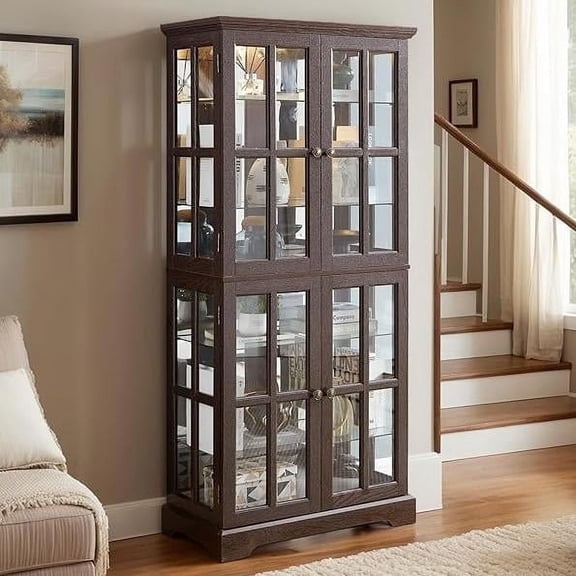 CKEASEAN 69"H Lighted Curio Display Cabinet, Glass Display Cabinet with 4 Glass Doors and Adjustable Shelves for Collectibles, Light Bulb Included, Vintage Showcase for Home Office Display