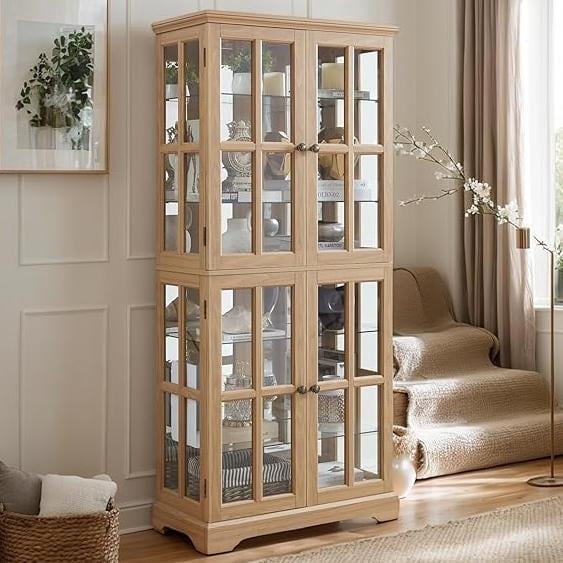 CKEASEAN 69"H Lighted Curio Display Cabinet, Glass Display Cabinet with 4 Glass Doors and Adjustable Shelves for Collectibles, Light Bulb Included, Vintage Showcase for Home Office Display