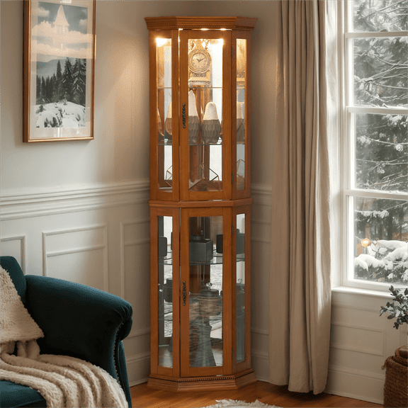 CKEASEAN 70" Corner Curio Cabinet, Tempered Glass Doors, Floor Standing Glass Display Cage with 6 Tempered Glass Shelves, Wine Cabinet Storage Rack for Bar and Liquor Storage (E26 Bulb Not Inclued)