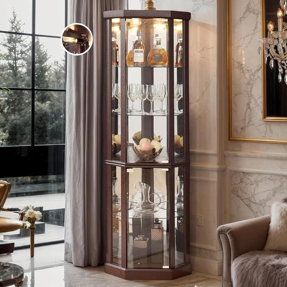 CKEASEAN 70"H Corner Curio Cabinet, Lighted Corner Display Cabinet with Tempered Glass Doors & 5 Adjustable Shelves, Mirrored Back, Bulb Inclued, Wine Bar China Cabinet for Living Room Liquor Storage