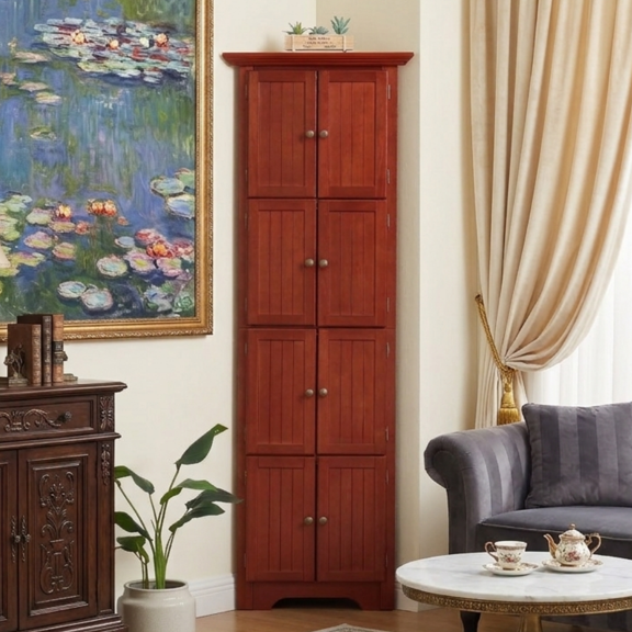 4 Tier Farmhouse Corner Storage Cabinet, 72" Tall Kitchen Pantry Cabinet Wooden Organizer Case Bookshelf with 8 Doors & 4 Shelves, Home Space Saver for Kitchen, Living Room