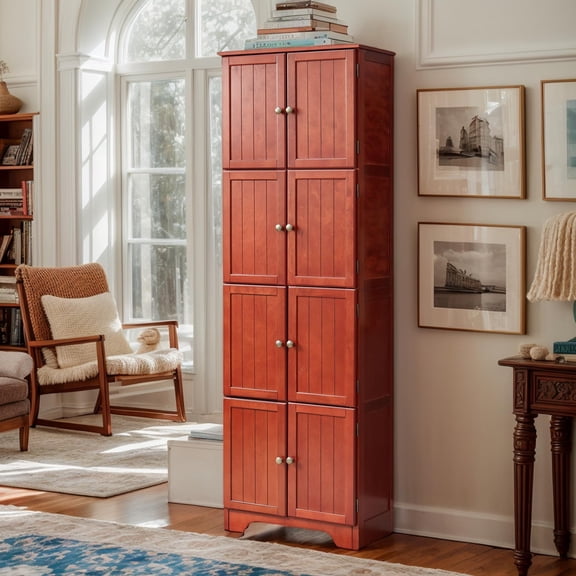 CKEASEAN Farmhouse Tall Storage Cabinet with 8 Doors, 72" H Wooden Kitchen Pantry with 4 Shelves, 4-Tier Freestanding Bookshelf, Rack for Living Room, Bathroom