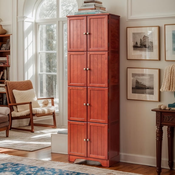 CKEASEAN Farmhouse Tall Storage Cabinet with 8 Doors, 72" H Wooden Kitchen Pantry with 4 Shelves, 4-Tier Freestanding Bookshelf, Rack for Living Room, Bathroom