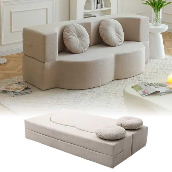 CKEASEAN 76" Convertible Folding Sofa Bed, Queen Sleeper Sofa with Pillow, Modern Teddy Fabric Floor & Futon Loveseat Couch, Foam Folding Mattress Sleeper for Living Room
