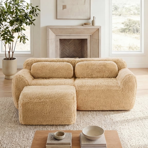CKEASEAN 80" Modern Modular Boneless Loveseat Sofa with Ottoman, L Shape Deep Seat Cloud Sectional Couch, No Assembly Required, Plush Fabric Fabric, Comfy Compressed Couches for Living Room