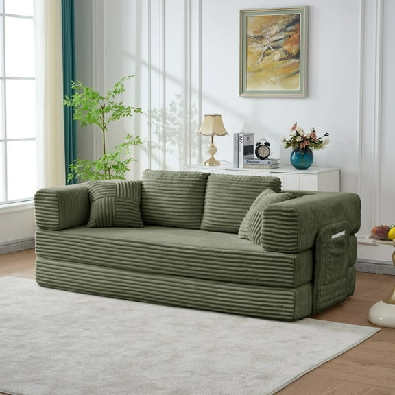 78" Corduroy Boneless Foldable Loveseat Sofa with 4 Cylindrical Pillows, King Size Floor Sofa Lounge Couch with Memory Foam, Comfy Compression Sofa for Living Room, No Assembly Required