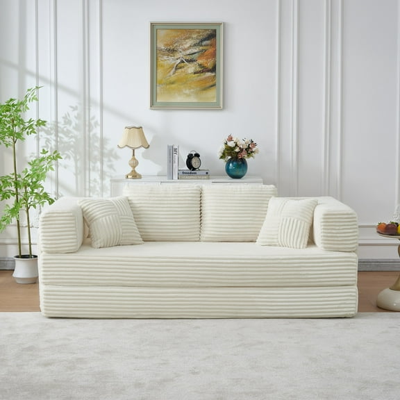 78" Corduroy Boneless Foldable Loveseat Sofa with 4 Cylindrical Pillows, King Size Floor Sofa Lounge Couch with Memory Foam, Comfy Compression Sofa for Living Room, No Assembly Required