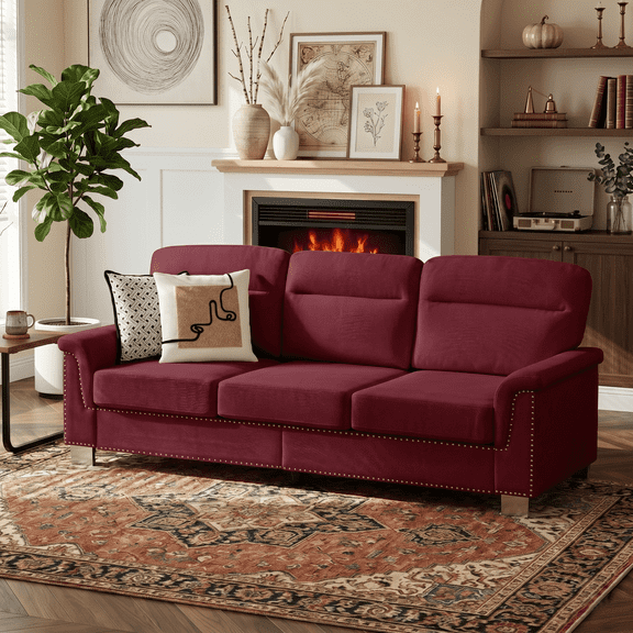CKEASEAN 82" Velvet Upholstered Cloud Sofa, Modern 3-Seater Deep Seat Couch with Nailhead Trim and Curved Armrests, Iron Frame & Sturdy Solid Wood, Comfy Compress Couches for Living Room, Apartment