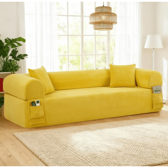 CKEASEAN 83'' Corduroy Boneless Couch with Side Pocket, 3-Seater Floor Sofa with Throw Pillows, No Assembly Required, Memory Foam Small Cloud Couches for Office/Apartment/Living Room