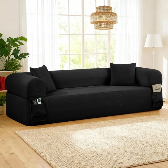 CKEASEAN 83'' Corduroy Boneless Couch with Side Pocket, 3-Seater Floor Sofa with Throw Pillows, No Assembly Required, Memory Foam Small Cloud Couches for Office/Apartment/Living Room