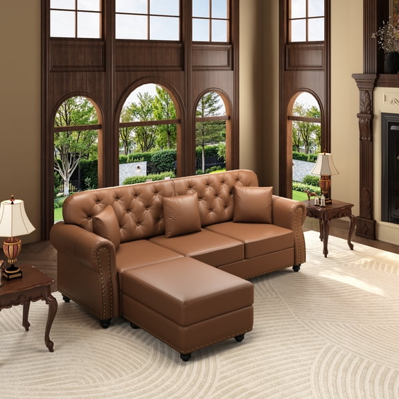 CKEASEAN 83” Mid-Century Faux Leather Single Sofa Chair with Ottman & Button Tufting, Modern Chesterfield Sofa with Decorative Pillow, Nailhead Trim & Rolled Armrests, Rack for Living Room/Apartment