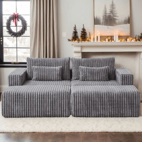 CKEASEAN 87" Double Oversized Chaise Lounge Chair Indoor, Loveseat Sectional Cloud Couch Sofa with Ottoman & Pillows, Upholstered Corduroy Sofa Bed Reading Sleeper Recliner for Living Room