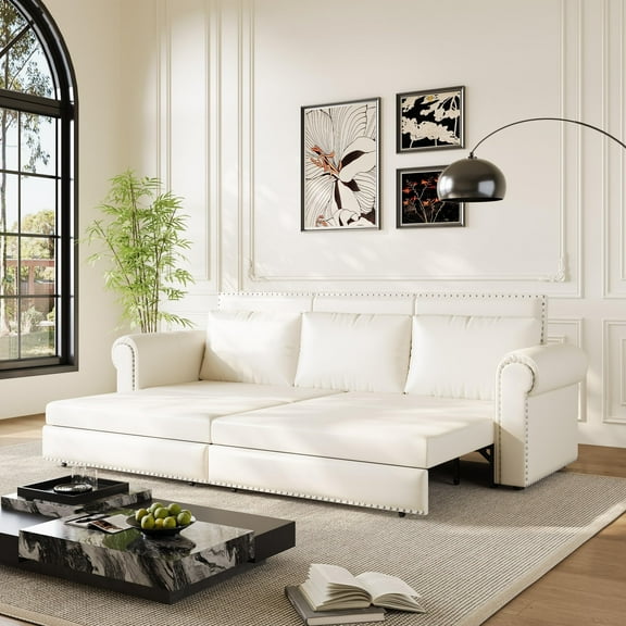 CKEASEAN 93.7" King Size Pull Out Sofa Bed with Pillows, Faux Leather 3 in 1 Sleeper Sofa Bed, Upholstery Convertible Sleeper Couch, Chaise Lounge Retro Recliner for Living Room