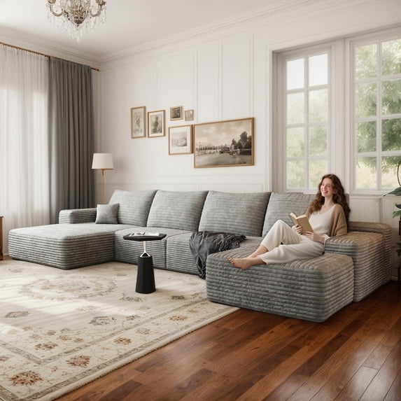 CKEASEA 135" Oversized Corduroy U Shaped Modular Sectional Sofa for Living Room, Boneless Couch with Left Facing Chaise & Ottoman, No Assembly Required, Convertible Sleeper Couch Compressed Foam Sofa