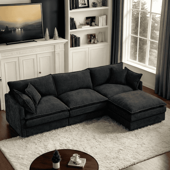 CKEASEAN Chenille Modular Sectional Sofa with Movable Ottoman, 102" Comfy L Shaped Cloud Sectional Couch, Deep Seat Convertible 3-Seater Couches for Living Room, Apartment, Easy Assembly