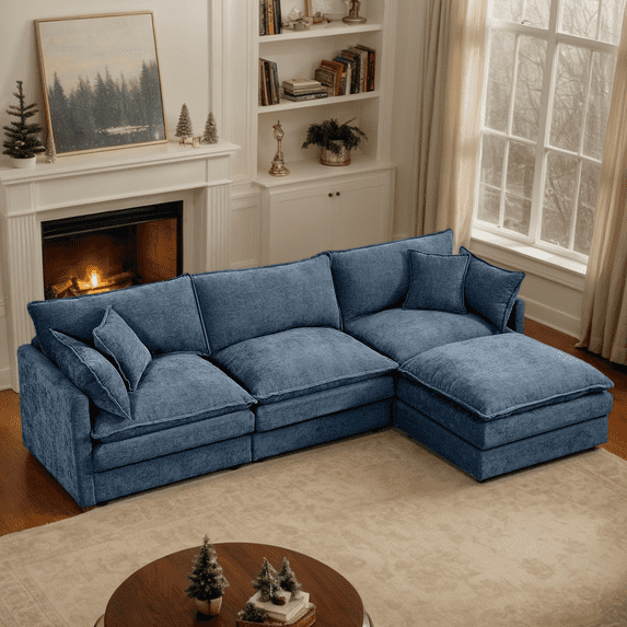 CKEASEAN Chenille Modular Sectional Sofa with Movable Ottoman, 102" Comfy L Shaped Cloud Sectional Couch, Deep Seat Convertible 3-Seater Couches for Living Room, Apartment, Easy Assembly