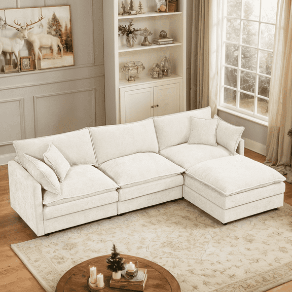CKEASEAN Chenille Modular Sectional Sofa with Movable Ottoman, 102" Comfy L Shaped Cloud Sectional Couch, Deep Seat Convertible 3-Seater Couches for Living Room, Apartment, Easy Assembly