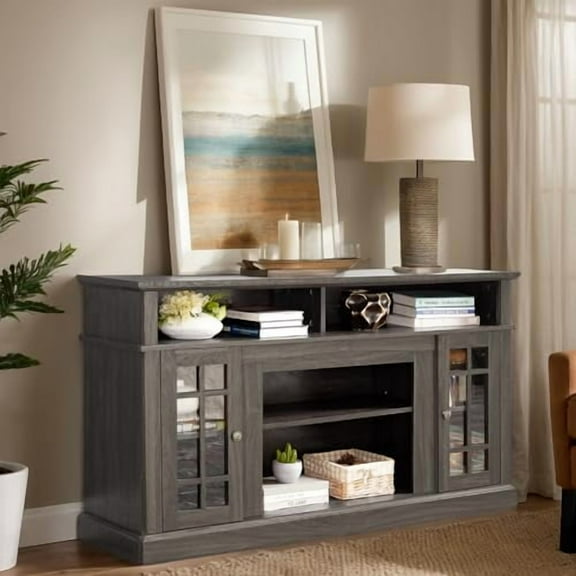 CKEASEAN Traditional American Country Style TV Stand with Glass Door, 58" Large Entertainment Center with Open Shelves, Large Home Entertainment Console Table for TV Up to 65'', Rack for Living Room