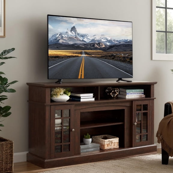 CKEASEAN Traditional American Country Style TV Stand with Glass Door, 58" Large Entertainment Center with Open Shelves, Large Home Entertainment Console Table for TV Up to 65'', Rack for Living Room