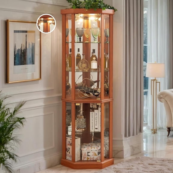 CKEASEAN 70"H Corner Curio Cabinet, Lighted Corner Display Cabinet with Tempered Glass Doors & 5 Adjustable Shelves, Mirrored Back, Bulb Inclued, Wine Bar China Cabinet for Living Room Liquor Storage