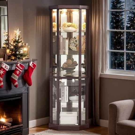 CKEASEAN Corner Curio Cabinet, 70" H Lighted Glass Display Cage with Tempered Glass Doors and 5 Adjustable Shelves, Light Bulb Inclued, Wine Bar China Cabinet for Living Room