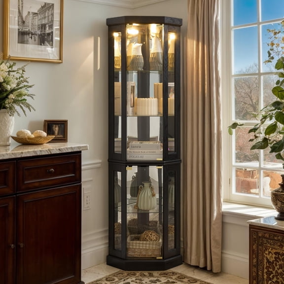 CKEASEAN Corner Curio Cabinet, 70" H Lighted Glass Display Cage with Tempered Glass Doors and Adjustable Shelves, Bulb Inclued, Wine Bar China Cabinet for Living Room Liquor Storage