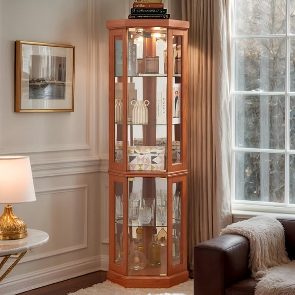CKEASEAN Corner Curio Cabinet, 70" H Lighted Glass Display Cage with Tempered Glass Doors and Adjustable Shelves, Bulb Inclued, Wine Bar China Cabinet for Living Room Liquor Storage