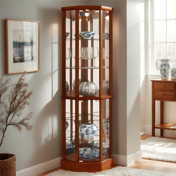 CKEASEAN Corner Curio Cabinet, 70" Tall Lighted Glass Display Cage with Tempered Glass Doors and 5 Adjustable Shelves, Wine Bar China Cabinet for Living Room (E26 Bulb Not Inclued)
