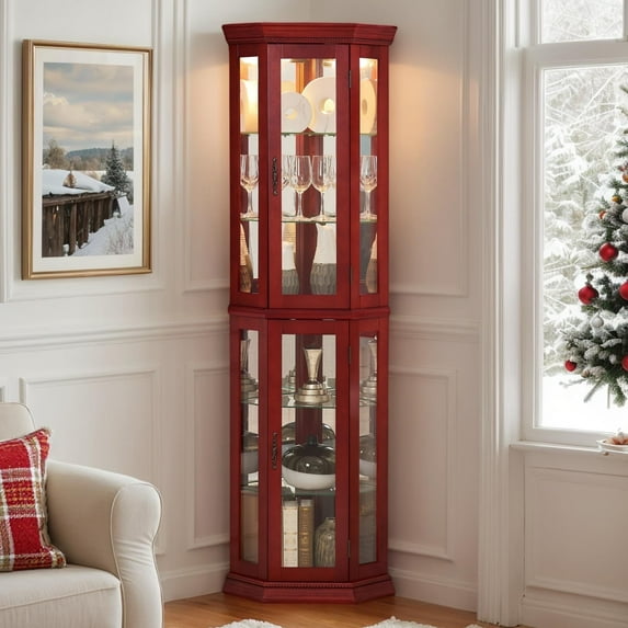 CKEASEAN Corner Curio Cabinet with Light Bulb, Tempered Glass Doors, Floor Standing Glass Display Cage with 6 Tempered Glass Shelves, Wine Cabinet Storage Rack for Bar and Liquor Storage