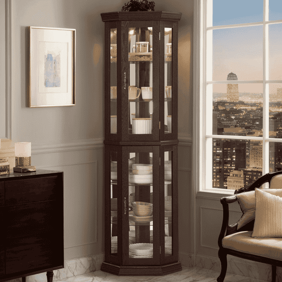 CKEASEAN Corner Curio Cabinet with Light Bulb, Tempered Glass Doors, Floor Standing Glass Display Cage with 6 Tempered Glass Shelves, Wine Cabinet Storage Rack for Bar and Liquor Storage
