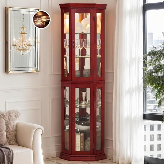 CKEASEAN 70" Corner Curio Cabinet with Light Bulb, Tempered Glass Doors, Floor Standing Glass Display Cage with 6 Tempered Glass Shelves, Wine Cabinet Storage Rack for Bar and Liquor Storage